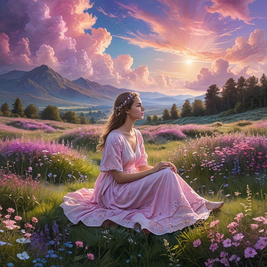 An ethereal landscape representing the INFP personality traits, featuring a serene figure immersed in nature, surrounded by vibrant colors of blooming flowers and gentle streams. The figure is lost in thought, symbolizing empathy and idealism, with soft glows of light to indicate their introspective nature. Celestial elements in the sky, such as stars and dreamy clouds, to enhance the feeling of depth and wonder. super-realistic. vibrant colors. dreamy atmosphere.