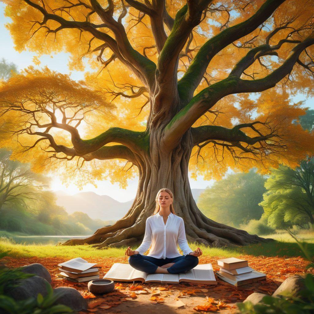 A serene landscape depicting an INFP character meditating under a large, ancient tree, with warm sunlight filtering through vibrant leaves. Surrounding the character are symbols of creativity, such as books, paints, and musical notes, representing personal growth and meaningful connections. The atmosphere should evoke a sense of tranquility and introspection. super-realistic. vibrant colors. soft focus.