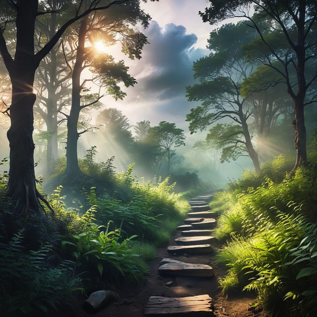 A serene landscape featuring a winding path through a lush forest, symbolizing a journey of self-discovery. Along the path, illustrations of an INFP's strengths such as creativity, empathy, and introspection represented by glowing orbs. In contrast, shadowy figures represent their weaknesses like overthinking and avoidance. The sky above transitions from stormy clouds to a bright sunrise, symbolizing hope and growth. ethereal art style. vibrant colors. soft focus.